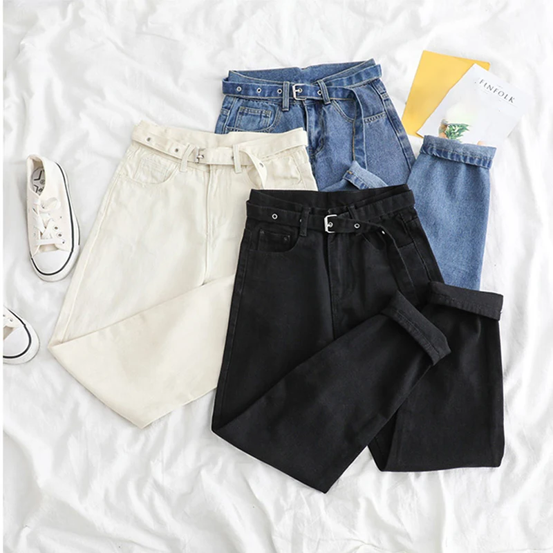 

Woman Jeans Casual Straight High Waist Jeans Plus Size Denim Pocket Denim Pants Vintage with Belt 2020 Trousers Women's Pants