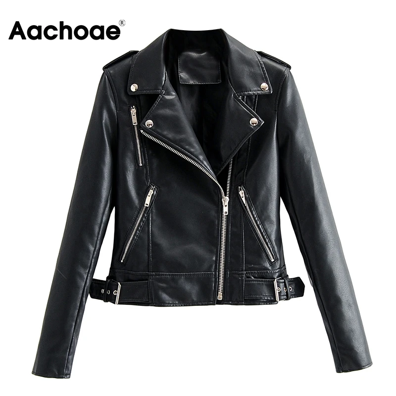 

Aachoae Women Long Sleeve Jacket Coat Solid Faux Leather Zipper Motorcyle Jackets Turn Down Collar Streetwear Tops Female 2020