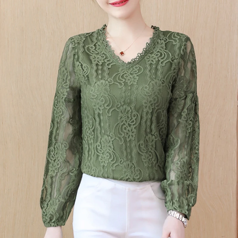 

V-neck 2021 New Women clothing Lace Shirt Tops floral basic female Elegant Long-sleeve Lace Women Blouse Shirts 583E