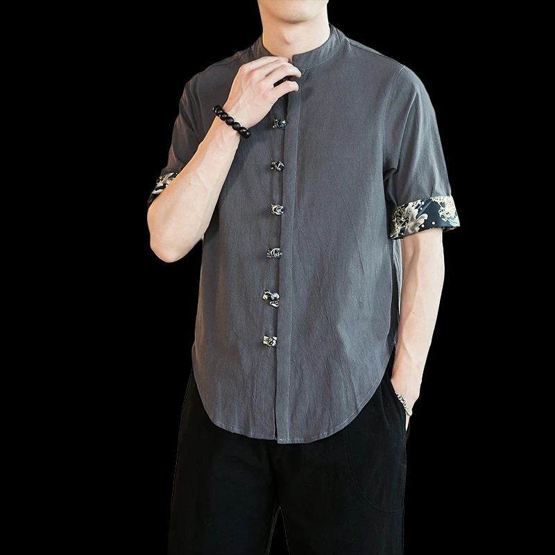 

Chinese Asbestos-linen Mid-sleeve Shirt with Disc Button and Coloured Shirt for Men