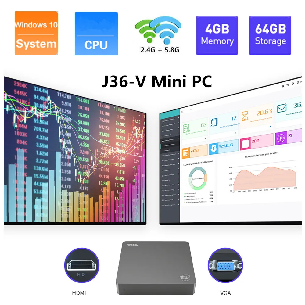 J36-V Мини ПК Windows 10 Домашний Настольный компьютер Intel HD graphics 4 Гб 64 Гб 2,5 дюйма HDD 2,4G 5,8G WiFi BT4.0 Minipc HDMI VGA