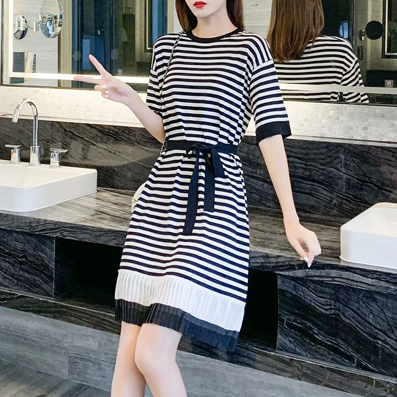 

2020 Summer Dress New Korean Style Loose and Plus-sized Women's Striped Midi Short Sleeve Viscose Fiber Jersey Dress