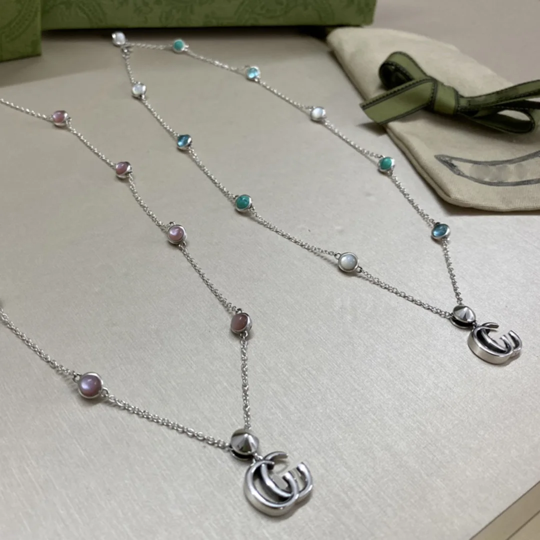 

Classic G logo 925 sterling silver green, pink turquoise exquisite ladies necklace, exquisite holiday gift