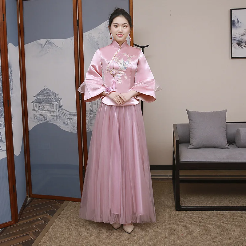Модная розовая Пряжа юбка длинный Cheongsam Современная Подружка невесты винтажное платье Qi Pao женское традиционное китайское платье Qipao акция - Цвет: B