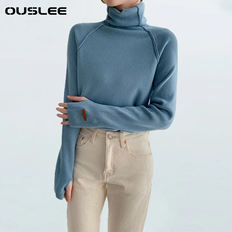 ouslee cotton turtleneck women sweater autumn winter elegant slim female knitted pullover casual stretched sweaters jumper femme free global shipping