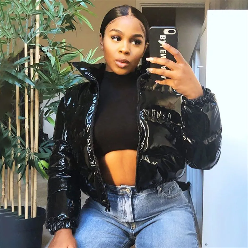 

Crop Bubble Puffer Coat Winter Parkas Faux PU Leather Warm Long Sleeve Women Outerwear Zipper Casual Solid Slim Hot Jacket