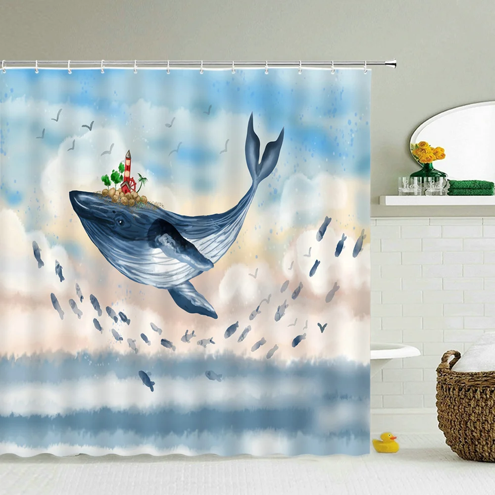 Funny Cartoon Ocean Animal Shower Curtain Dolphin Fish Jellyfish Octopus Whale Shark Crab Creative Bathroom Home Decor Curtains | Дом и сад