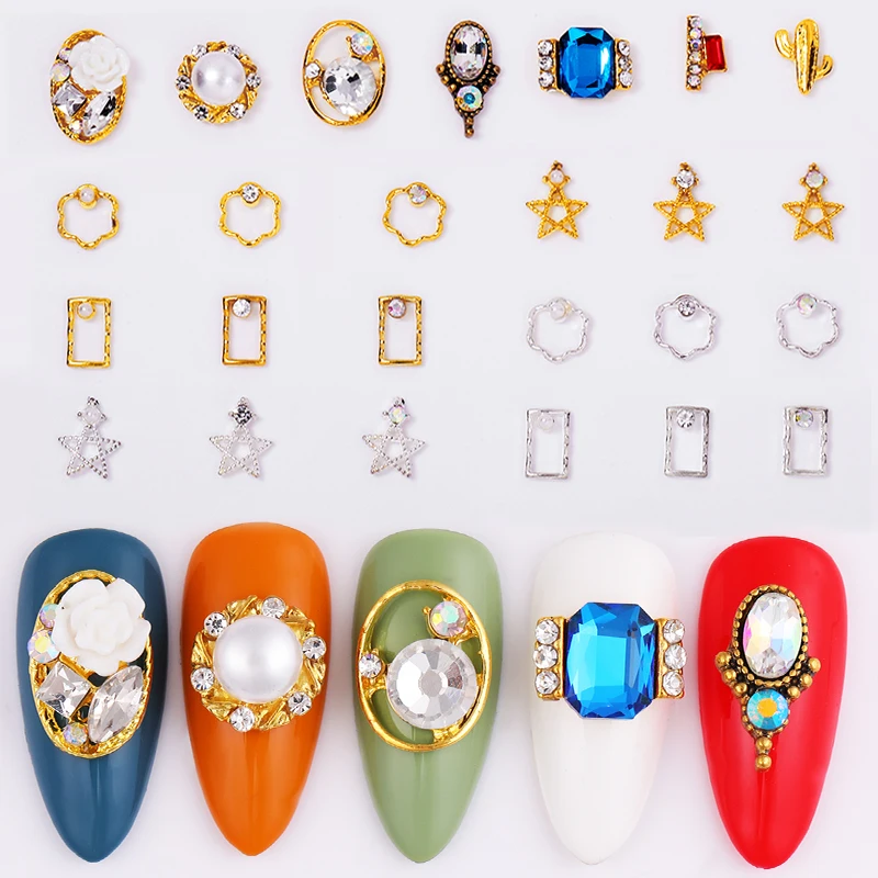 Стразы для дизайна ногтей золотистые металлические в стиле ретро 5/10 шт.