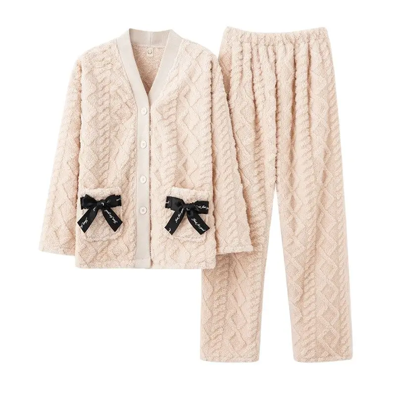 

Sweet Bow Flannel Sleepwear Women Velvet Warm Winter Pajamas Set V Neck Cardigan Long Pant Plush Thicken Two Piece Suit 2XL 3XL