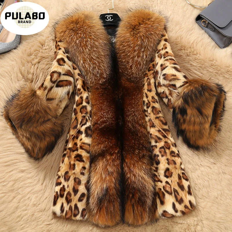 

S-6XL Plus Size Leopard Print Sexy Natural Fox Fur Coats Outerwear Women Whole Skin Fur Overcoat Jackets Raccoon Dog Fur Collar