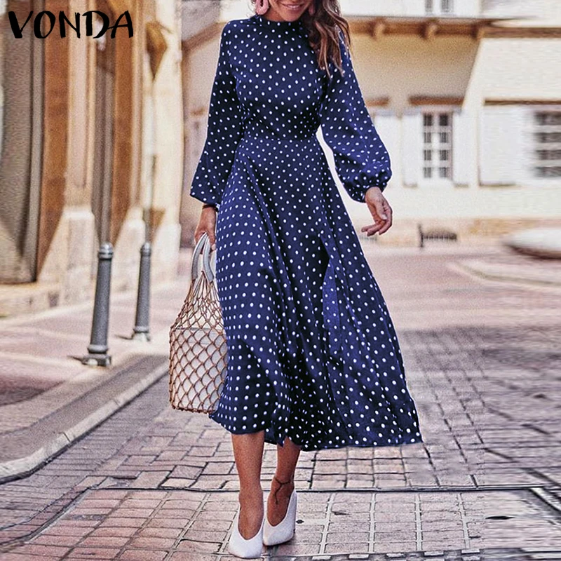 VONDA богемные платья осеннее женское винтажное платье в горошек с длинным рукавом и круглым вырезом повседневное свободное платье миди размера плюс Сарафан