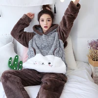 autumn and winter plush ladies pajamas coral flannel thickened girl student hooded home wear
