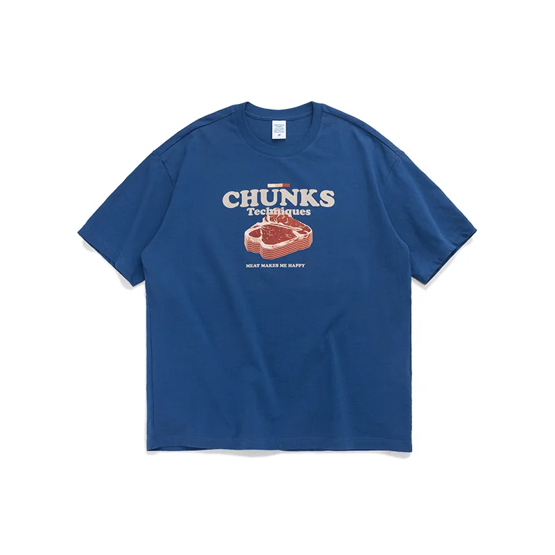 

VIMASS 2020 spring summer new tide brand personality spoof meat block food printing men's loose short sleeved Tshirt