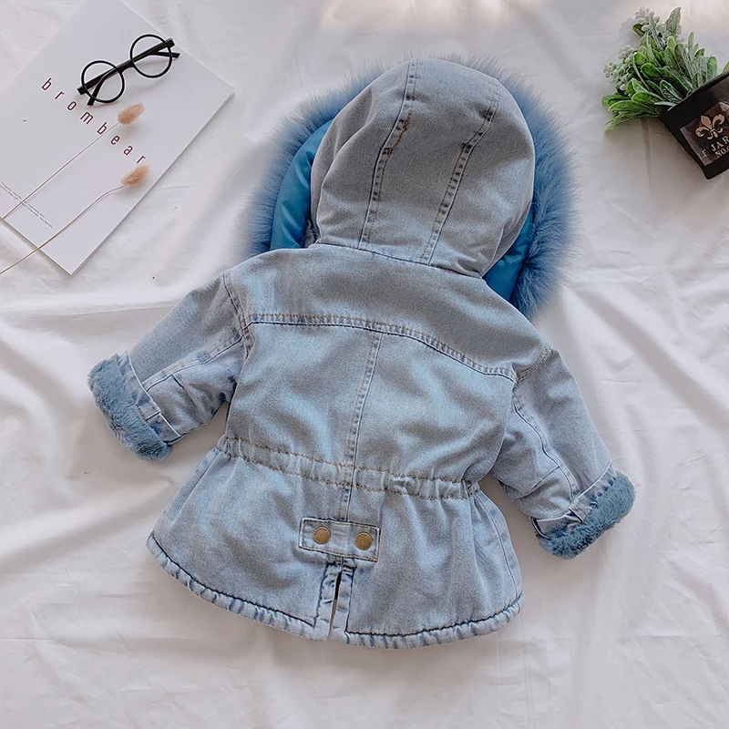 ULKNN 2021 Winter Baby Girl Denim Jacket Plus Velvet Real Fur Warm Toddler Outerwear Coat 1-4 Years Kids Infant Parka | Детская одежда