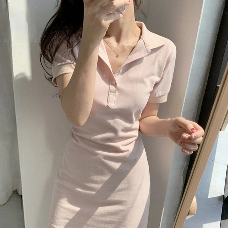 

Lady Lace Up Pink Shirt Dress Fashion Summer Casual Office Women Elegant Korean Slim Chic A-Line Large Size