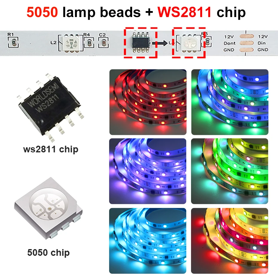 Светодиодная лента RGB WS2811 5050 RGBIC гибкая с поддержкой Wi-Fi и Bluetooth 12 В постоянного