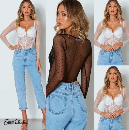 Новое Женское летнее боди с длинным рукавом сексуальное Сетчатое прозрачное