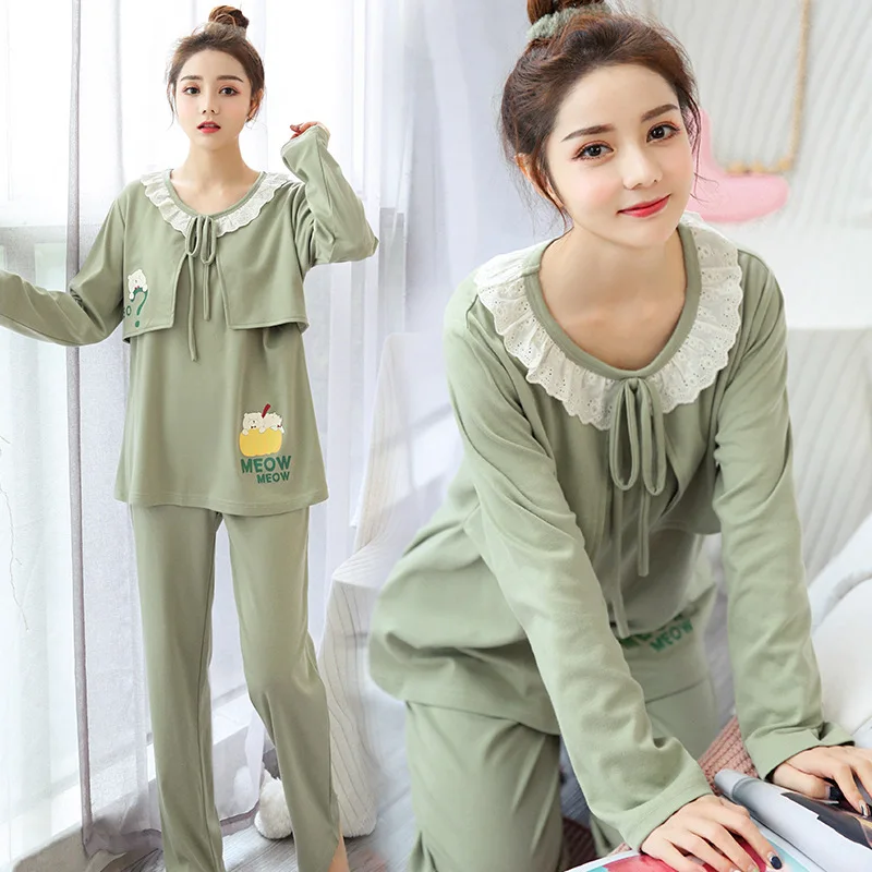 

Cotton Spring Postpartum Nursing Long-Sleeved Pajamas Autumn Pregnant Women Maternal Breastfeeding Suits Plus Fertilizer 110 Kg