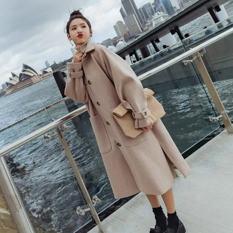 

Women Clothes 2020 Winter New Korean Style Popular Thick Loose Mid-length Woolen Coat Female Chic Long Trench Coat Solid y192