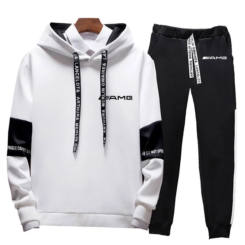 

New Spring Autumn Men's AMG Printing Hooded Trousers Two-piece Printed Sportswear Pullover Sweatshirt Trousers Sportswear Suit