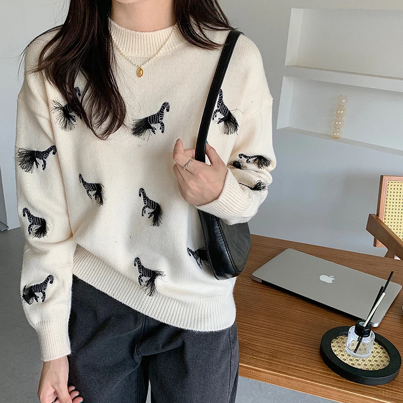 

Autumn Winter New Round Neck Sweater Women Fashion Tassel Animal Pattern Pullovers Knit Cashmere Sweater Jerseys YOU1190