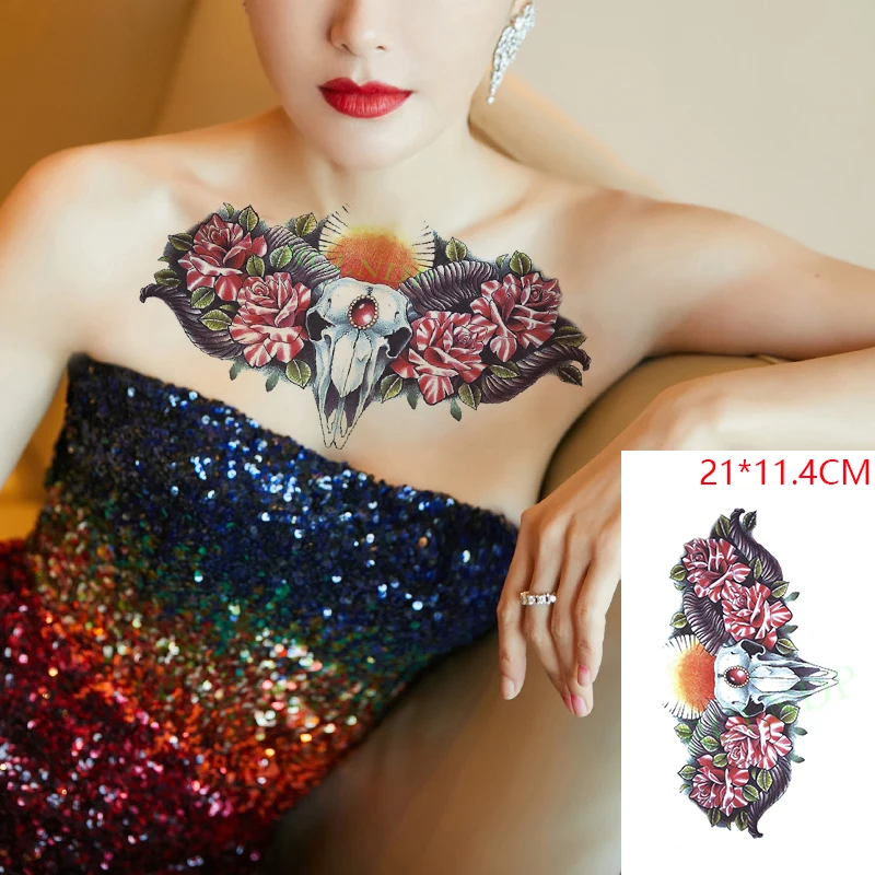 Водостойкие временные тату-наклейки Череп коза животные красный цветок