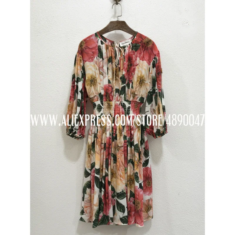 

Sicilian holiday style floral print lace-up elastic waist silk dress high-quality women's dress with waist slimming