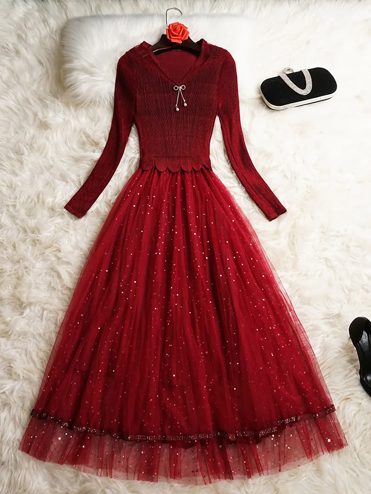 

Women polka dot mesh dress long sleeve V-neck new 2020 spring summer knitted patchwork tulle fit and flare dresses blue