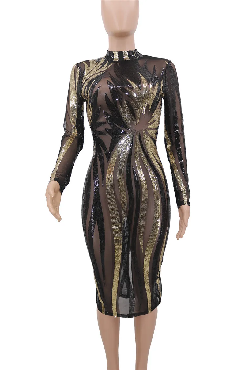 

CHRONSTYLESequined Women Dress Mesh Bodycon Sexy Outfits 2021 Long Sleeve See Through Tight Dress Party Night Clubwear Vestidos
