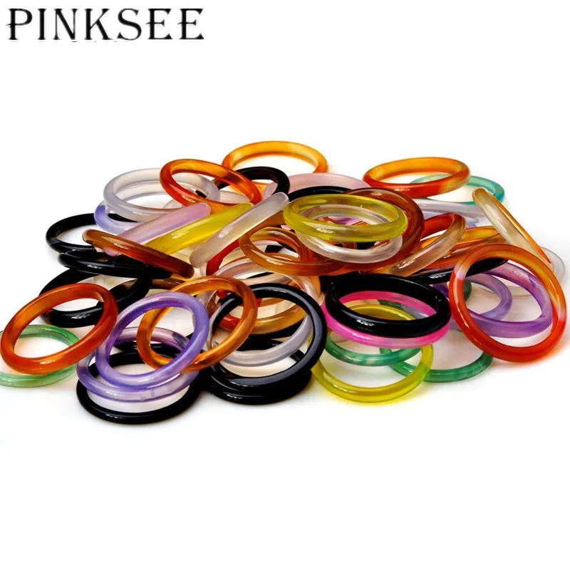 

Pinksee 5pcs/lot Unisex Natural Ring Multicolor Black Green Red Agates Created Circle Randomly Size Finger Ring Jewelry