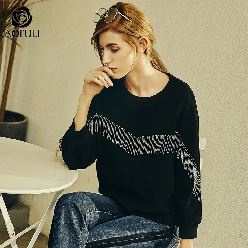 L~ 4XL 5XL Beadings Tassel Women Cotton Sweatshirt Black Long Batwing Sleeve Tee Shirt Big Size Ovesize Casual Tops AOFULI A4074