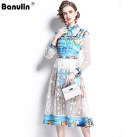 banulin spring summer fashion runway midi dress women embroidery mesh patchwork long sleeve floral print vintage party dress