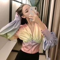rainbow gradient color collect waist v neck shirt womens 2021 spring summer fashion lantern sleeve single breasted shirts