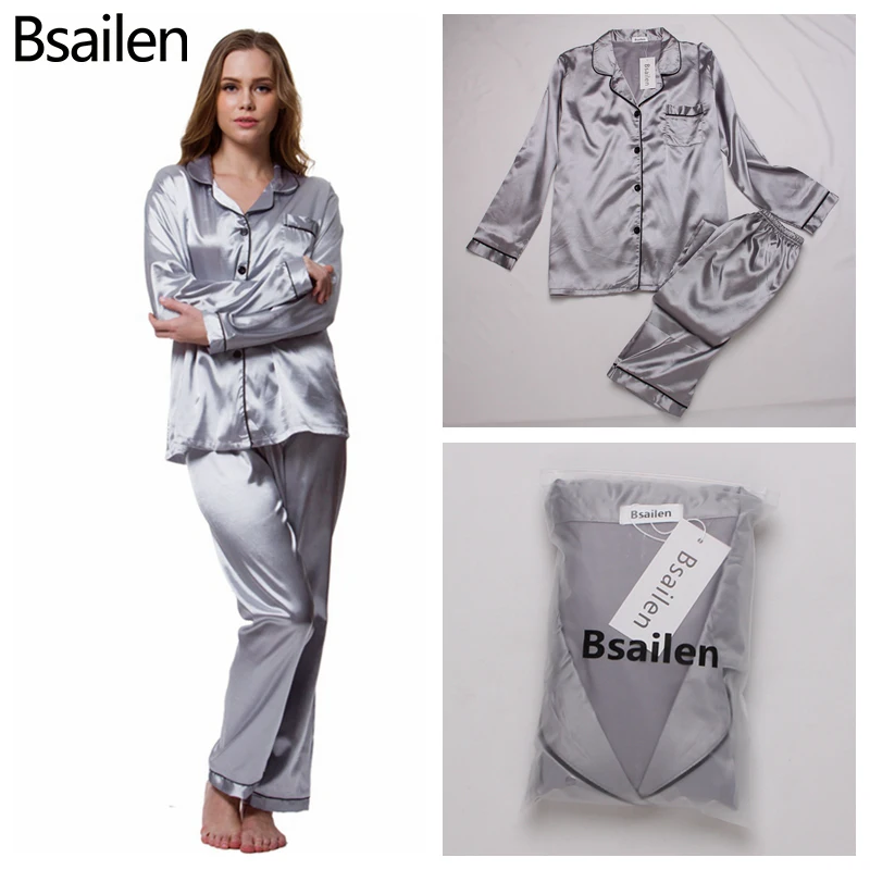 Bsailen пижамы 2 шт. Осенняя Женская одежда для сна из искусственного шелка и сатина пижамный комплект с длинным рукавом пижама костюм Женская домашняя одежда