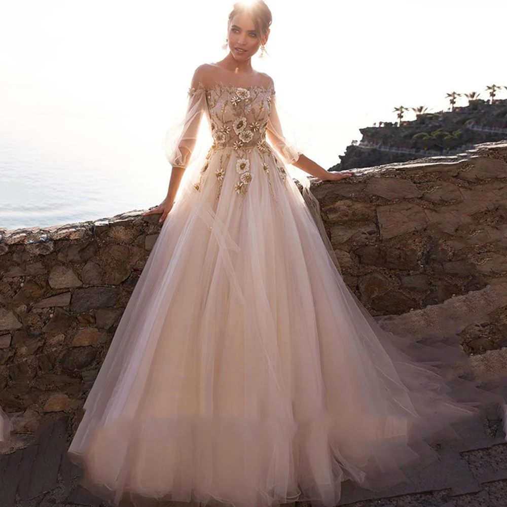 

Champagne A-Line Wedding Dresses Backless Puff Sleeve Appliques Lace 3D Flowers 2021 Tulle Bride Gowns Vestido De Noiva