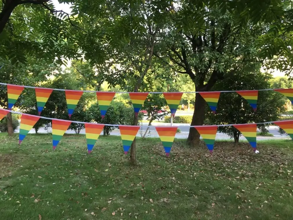 Бесплатная доставка 10 м треугольный флаг радужные флаги гей полиэстер подвесной