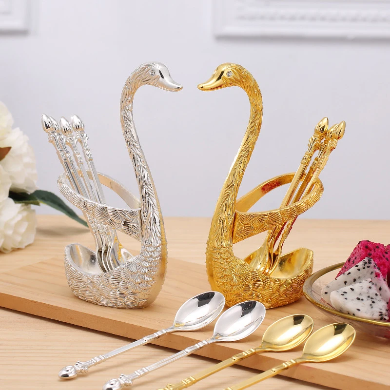 

Creative Swan Shape Storage Rack with 6 Forks/ Spoon Coffee Dessert Dinnerware Set for Fruit Stirring Ice Cream Cake Tableware