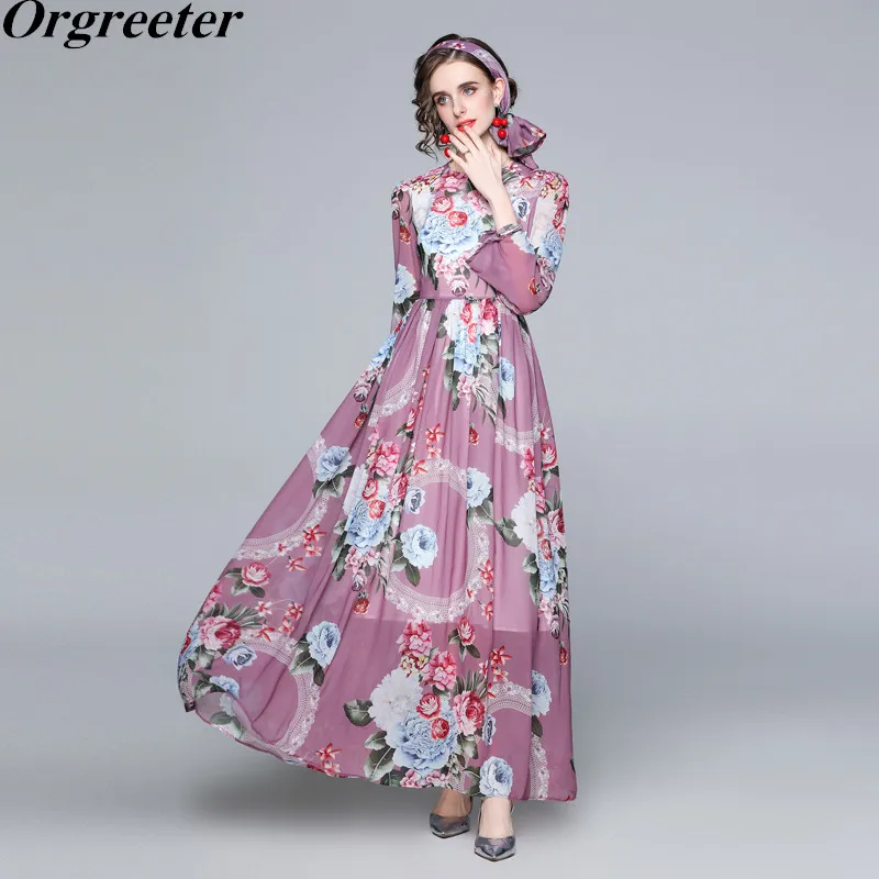 

Elegant Purple Big Swing Long Maxi Chiffon Dress Robe Female Spring New O-neck Peony Printted Long Sleeve Dress With scarf