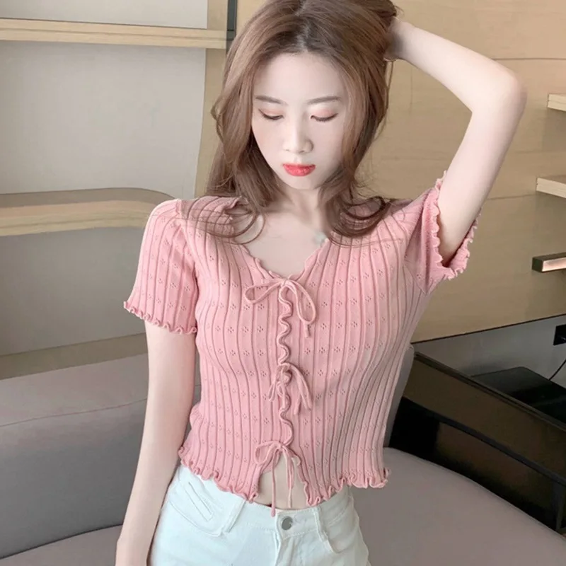 

Summer Women Short Sleeve V Neck T-Shirts Elegant Bandage Exposed Navel Knitted Tops Female Blouse Clothes .