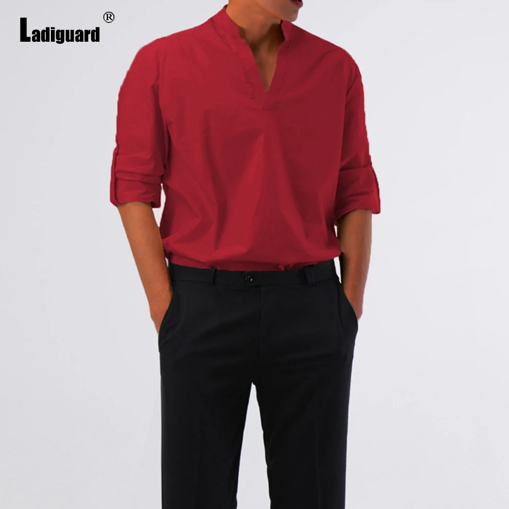 Ladiguard Mens Elegant Fashion Shirt BasicTops Sexy Men clothing 2021 Autumn Shirts BlousLong Sleeve Casual Pullovers Red White