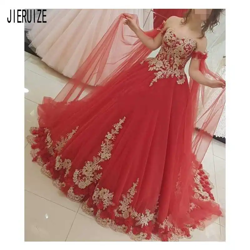 Свадебные платья JIERUIZE из Красного Тюля без бретелек с открытой спиной золотые