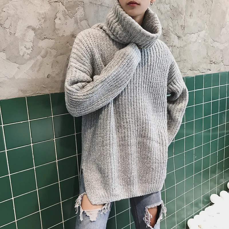 

High Lead Loose Knitting Sweater Man Roughage Men's Wear Turtleneck Solid Color Casual Sweaters Pullover Turtleneck Long Shirt