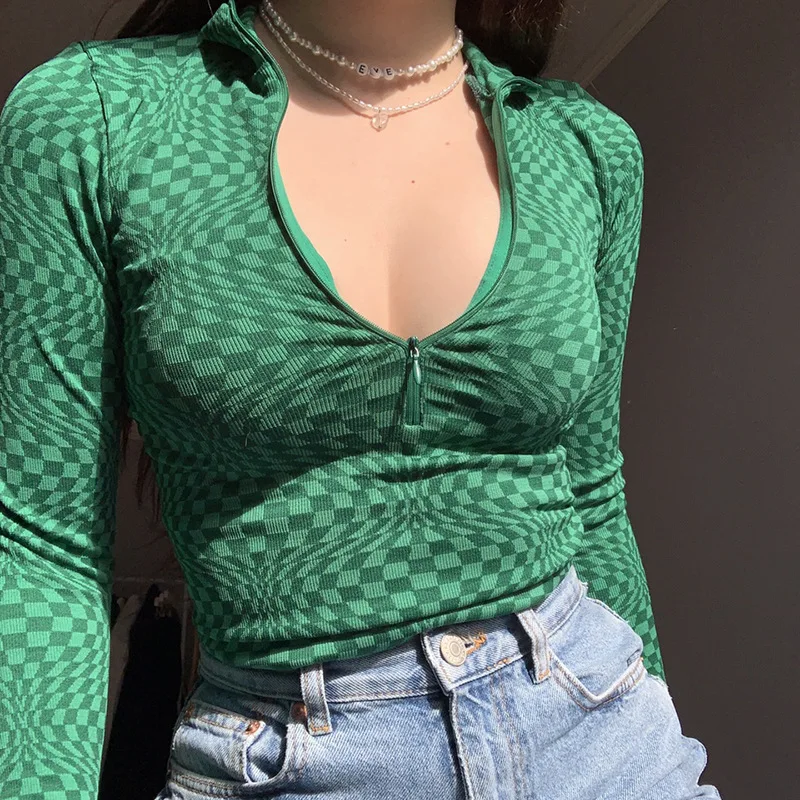 

2021 winter women's sexy plaid deep V zipper lapel tight-fitting knitted bottoming shirt top