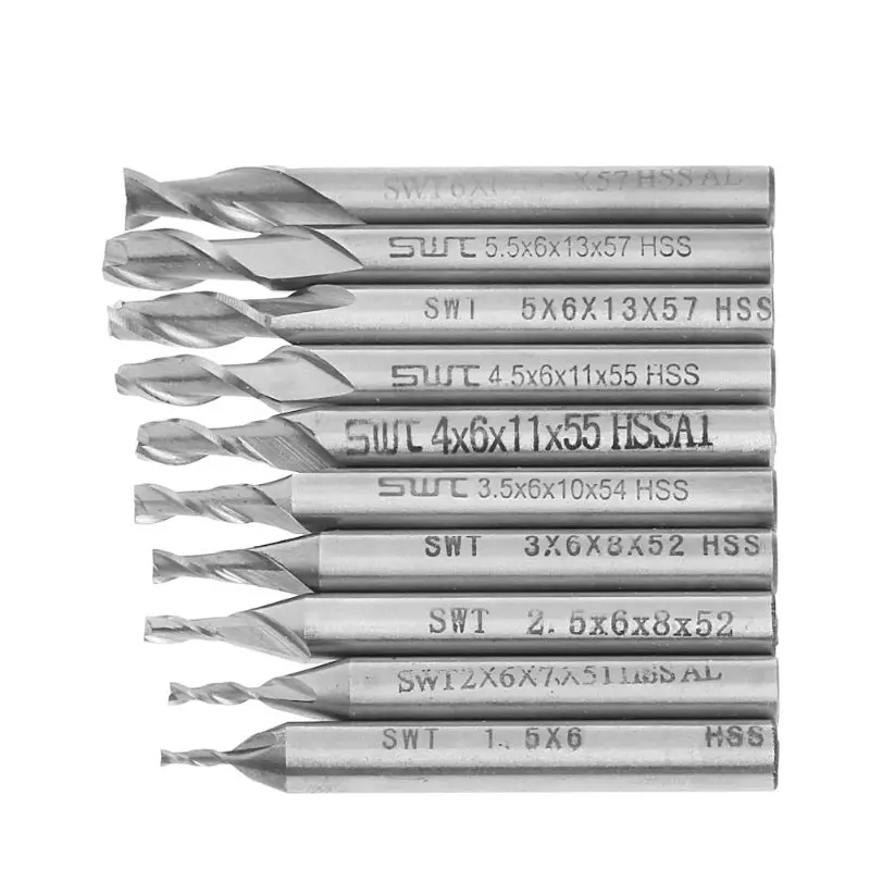 

10Pcs/set HSS Straight Shank 2 Flute End Mill Cutter CNC Drill Bit Tool 1.5-6mm