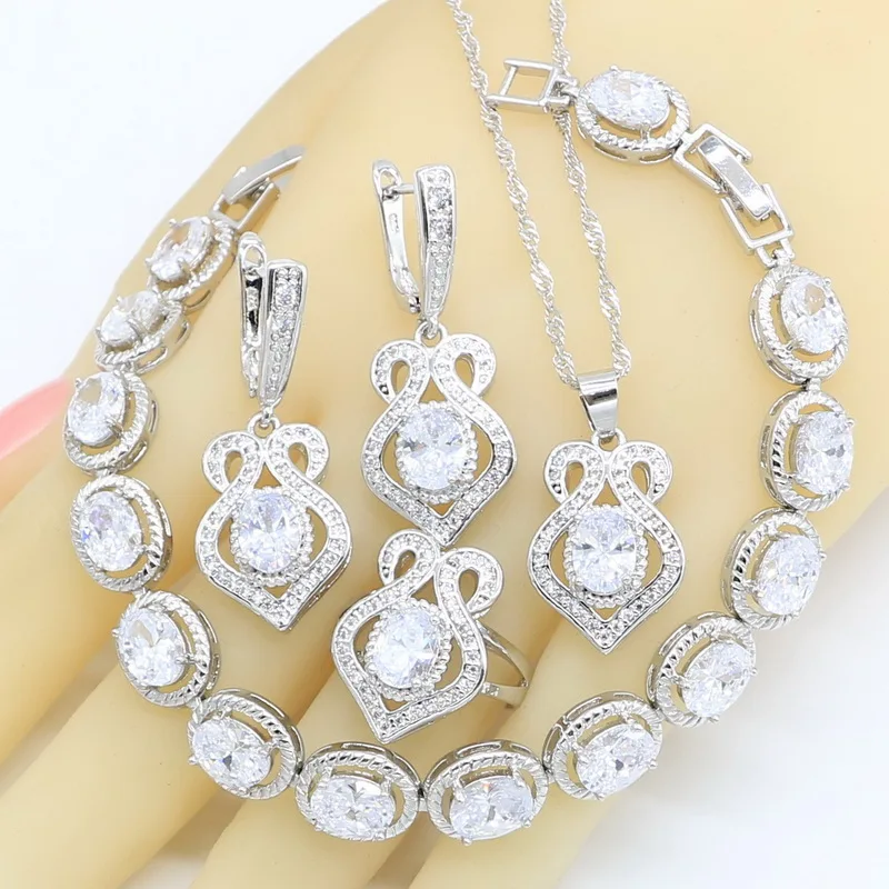 Серебряный Цвет Свадебные Ювелирные наборы для женщин браслет белый циркон