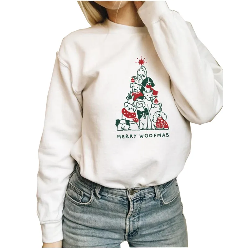 Белый MERRY WOOFMAS с буквенным принтом для женщин Kpop толстовки милые рождественские собаки графический Свитшот Harajuku Дамы негабаритных толстовка одежда - Цвет: Белый