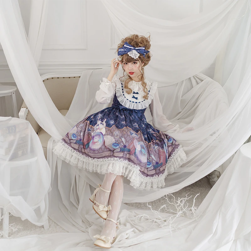 

Japanese sweet lolita dress vintage lace bowknot cute printing high waist victorian dress kawaii girl gothic lolita jsk loli cos