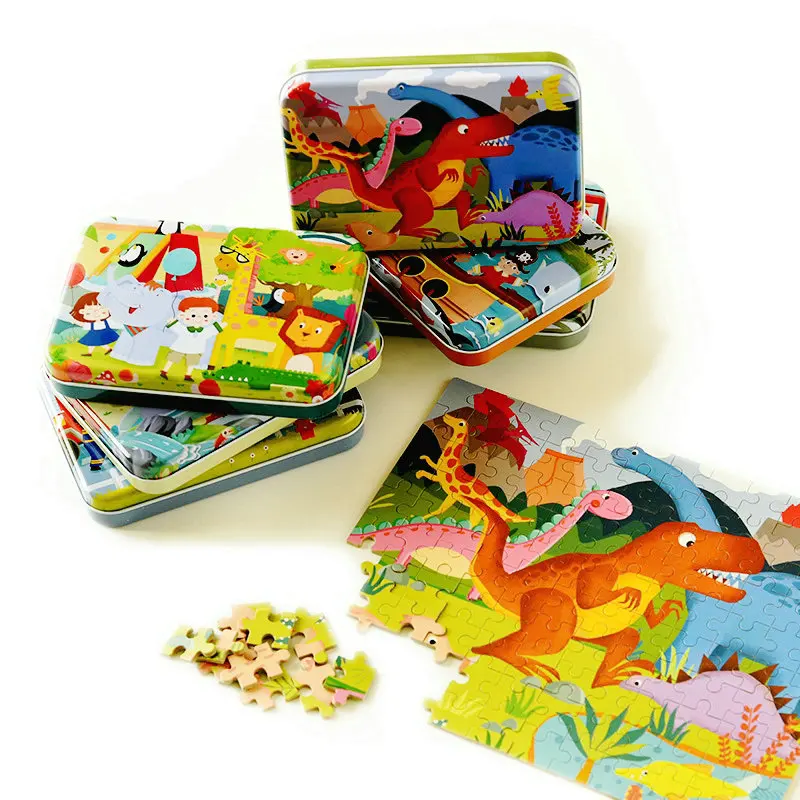 

120 pieces Cartoon animals Wooden Jigsaw puzzles toys Iron box toys for children Fairy puzzles wood toys for kids puzzles gift