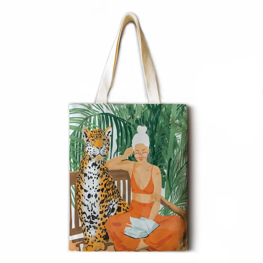 

Beauty and Tiger Print Ladies Casual Tote Bag Large Capacity Cotton Linen Female Shopping Bag Ladies One Shoulder Tote Beach Bag