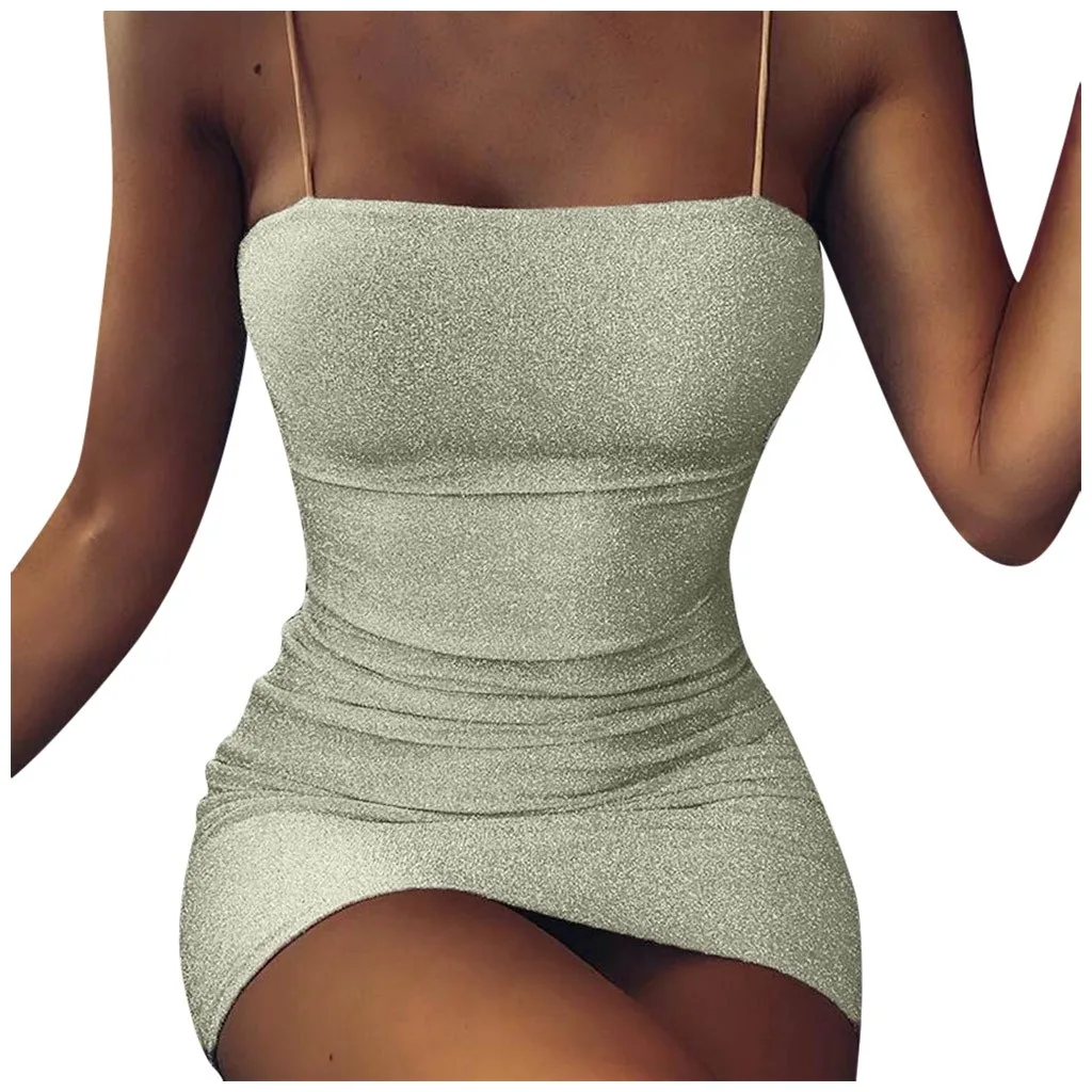 Модное женское сексуальное платье с блестками без рукавов бретелек однотонные